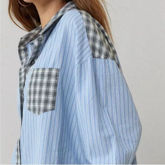 Urban Outfitters out from under blue striped Plaid Shirt - Picture 3 of 8